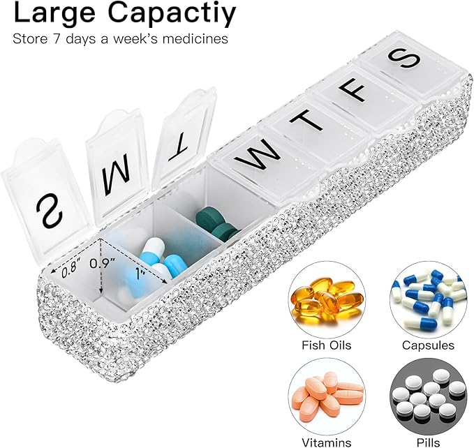 Soleebee Portable Weekly 7 Day Pill Organizer, Bling Crystal Pill Box Case, Travel Pill Planner, Pill Dispenser, Medicine Vitamin Container Organizer (Silver)