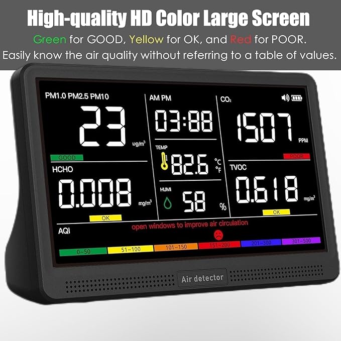 Professional Indoor Air Quality Monitor with 7X AQI,16 in 1 Portable Real-Time Detector for PM2.5 | PM10 | CO2 | TVOC | HCHO | Temp | Hum for Home Cars Plants Pets