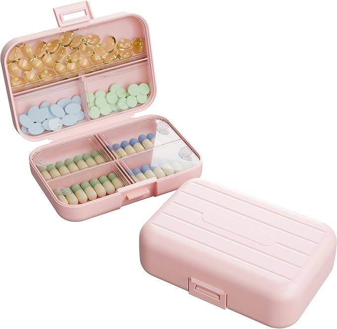 Travel Pill Box, Double Layer 7-Compartments Large Pill Organizer, 4.3" x 3.1" x 1.4" Portable Weekly Pill Case Container for Pocket, 7 Day Compact Medicine Holder for Vitamins, Fish Oils Pink