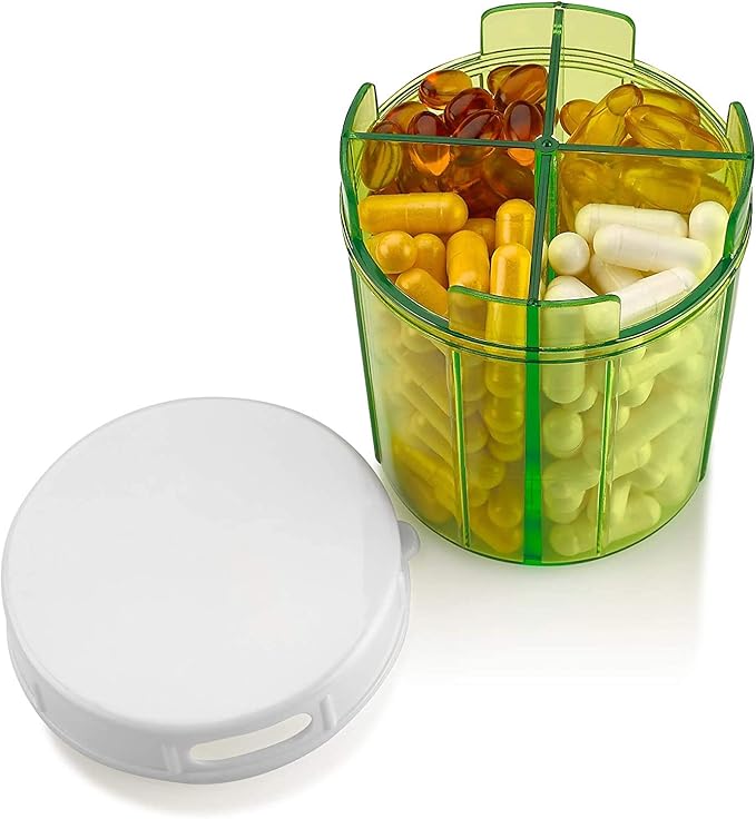Round Pill Organizer Dispenser - Pill Boxes with 4 Compartments for Medication, Vitamins & Supplements Bottle Daily Pill Case Reminder Box