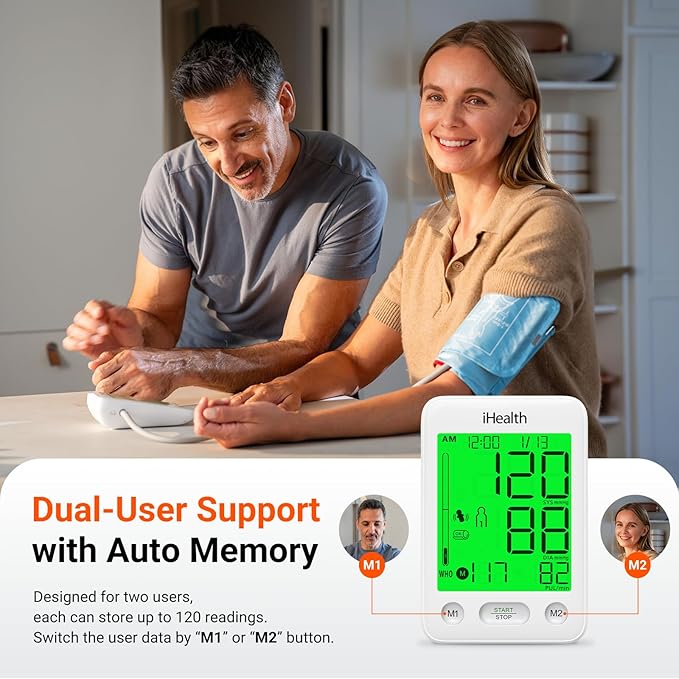 iHealth Accu Luminate Blood Pressure Monitor – 4.5" Tri-Color WHO-Based LCD(White), Clinically Accurate, Irregular Heartbeat Alert, Body & Cuff Detection, Bluetooth Cloud Sync, Large 8.6"–17" Cuff