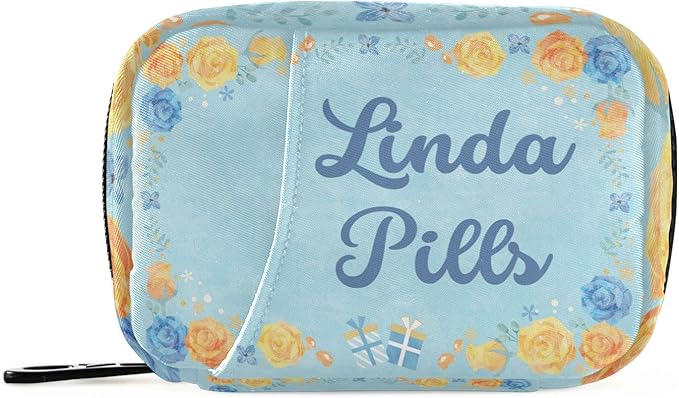 Custom Pill Box 7 Day Pill Case Bag Blue Yellow Flower Personalized Name Travel Pill Organizer Bag with Zipper Portable Weekly Case Compact Size for Vitamin Supplement Holder