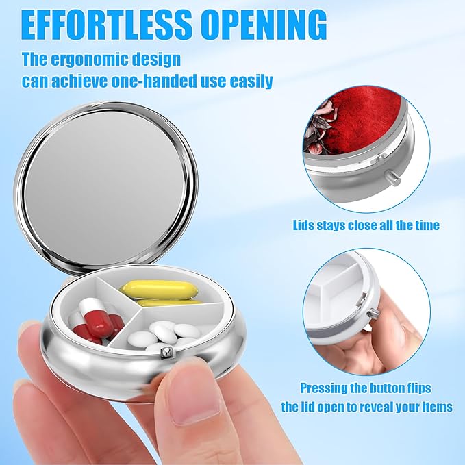 Vintage Rose Pill Case, Flower Pill Box 3 Compartments Metal Small Pill Holder with Mirror Mini Travel Pill Container for Purse Pocket Women Men