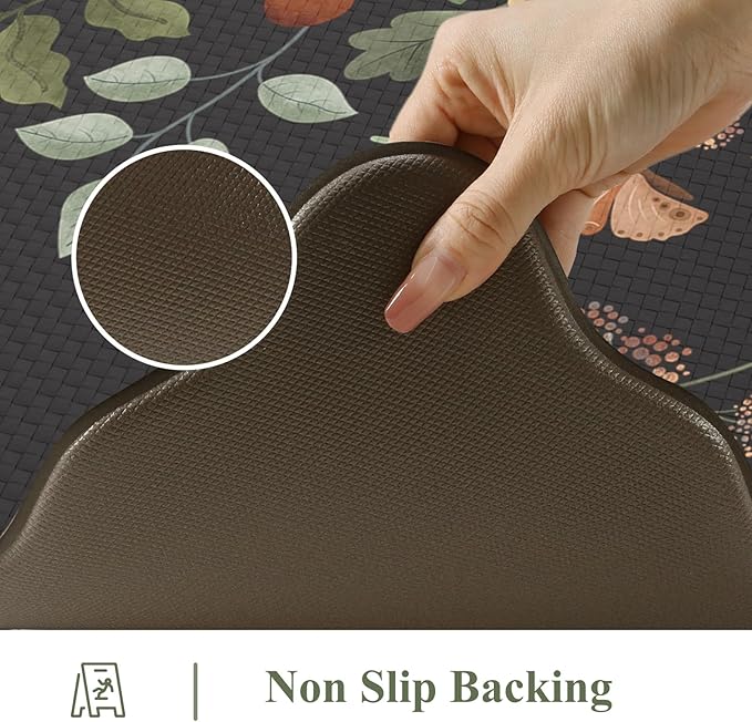 Collive Kitchen Mats for Floor 2PCS, Scalloped Cushioned Anti Fatigue Mat Non Slip Waterproof Kitchens Sink Rug, Vintage Boho Floral Rugs Comfort Standing Mat for Laundry, Desk, Bar, Office, Black