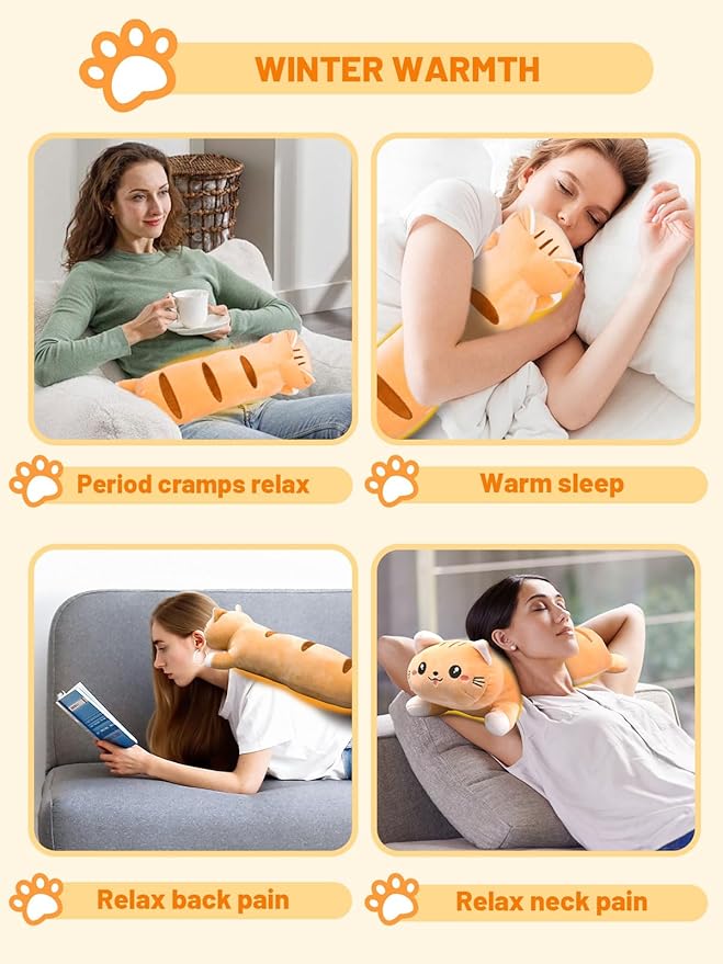 20" Brown Cat Heating Pad for Period Cramps USB Portable Electric 5 Heat Settings 5 Timer Modes Auto Shut Off Plush Stuffed Animal Warmer for Neck Back Pain Relax for Women Kids