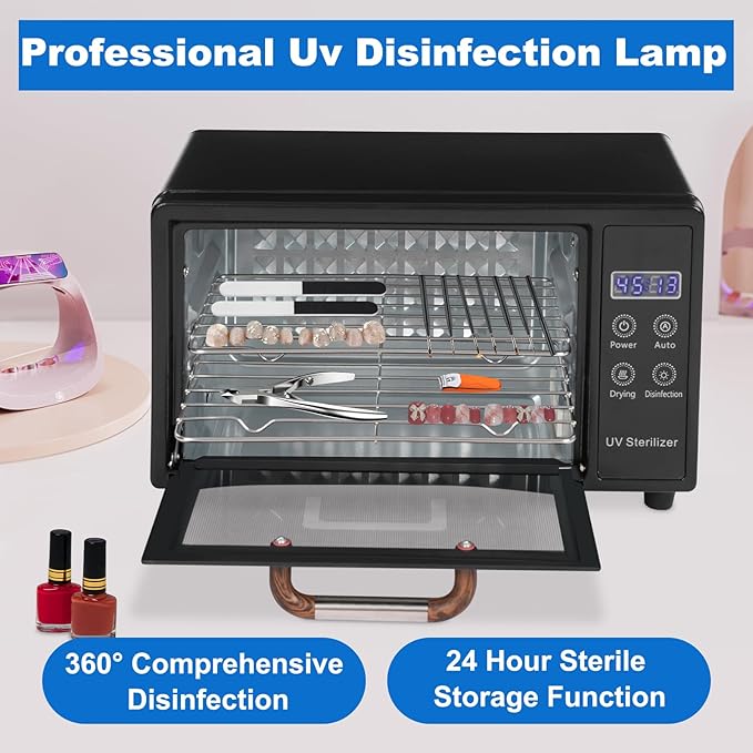 Sterilizer for Nail Tools, 10L Multifunctional Nail Tool Cleaning Machine, Nail Tool Sterilizer with 167℉ Hot Air, Adjustable Tiers, LED Display, For Hair, Salon, Spa, Nail, Salon (Black)