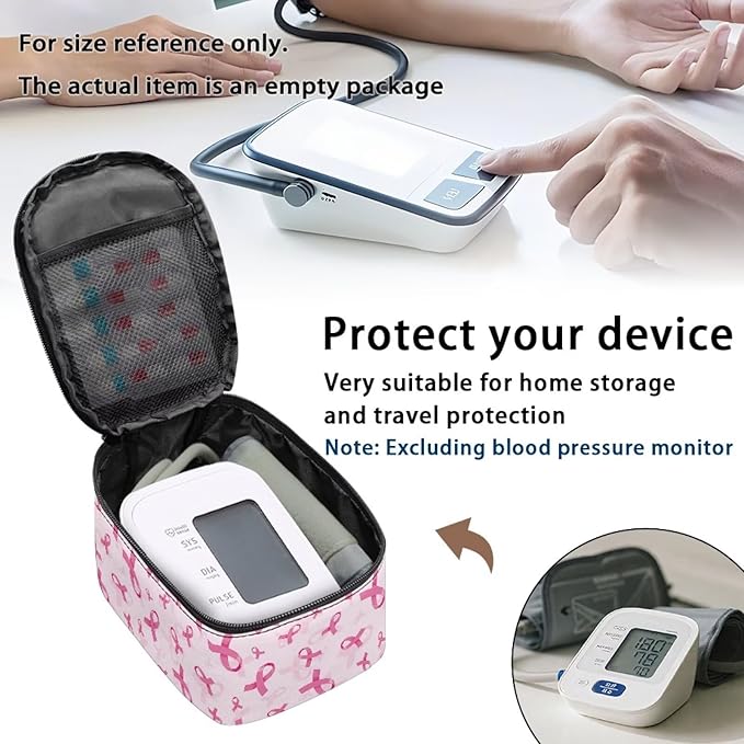 Breast Cancer Awareness Ribbon Blood Pressure Monitor Case Travel Portable Carrying Case for Blood Pressure Monitor with Zipper and Mesh Pockets