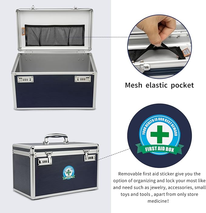 Lockable Medication Box with Portable Storage Case, 14.2 x 7.2 x 8.2 Inch, Childproof Medicine Lock Organizer, Locking Box for Money, Documents & Meds (Blue/Large)