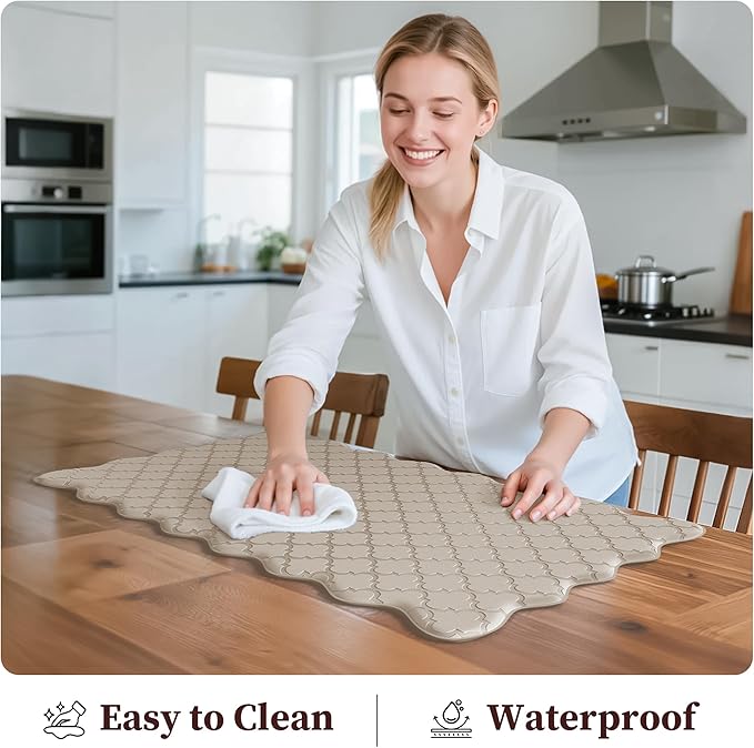 Upgrade Scalloped Embossed Kitchen Mats for Floor 2PCS Cushioned Anti Fatigue Waterproof Foam Kitchen Rugs Non Slip Washable Comfort Standing Mat for Sink Laundry,17.3"x30"+17.3"x47",Khaki