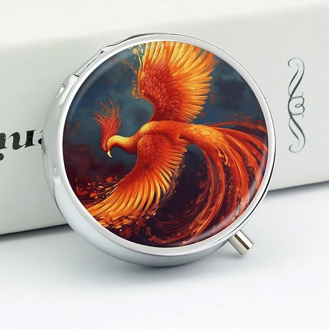 Orange Red Phoenix Pill Box Travel Pill Case for Purse Pocket Weekly Medicine Organizer with Mirror 3 Compartment Round Medicine Case Portable PillcaseHolder for Daily