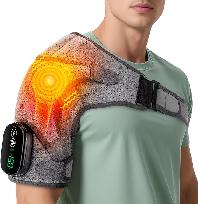 Shoulder Heating Pad with Massage, Cordless Shoulder Heating Pad, Shoulders Massager for Pain Relief, Left Right Heated Shoulder Wrap for Rotator Cuff & Shoulder Brace Support (Grey)