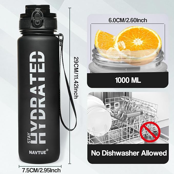 Water Bottle, 32 oz Sports Water Bottles with Time Marker Wide Mouth, Motivational and Leakproof Drink Bottle, BPA Free Tritan with Carry Strap for Gym Fitness Outdoor(1 Bottle)