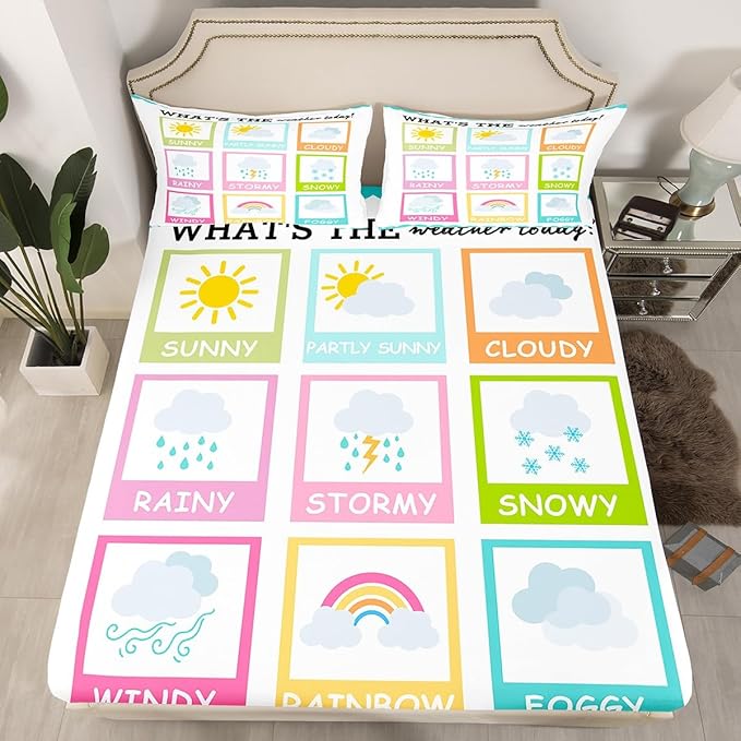 Feelyou Kids Educational Bed Sheet Set Twin Size, Weather Bedding Set Learning Fitted Sheet Boys Girls Kindergarten Teens Bedroom Decor (1 Pillow Case and a Fitted Sheet)