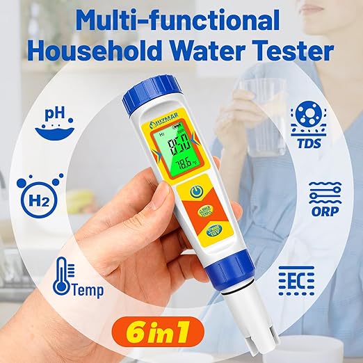 Hydrogen Water Tester pH Meter 6 in 1 pH H2 ORP TDS EC Temp Tester Dissolved Hydrogen Tester for Hydrogen Water Bottle pH and ORP Meter for Household Drinking Water Hydroponics Pool