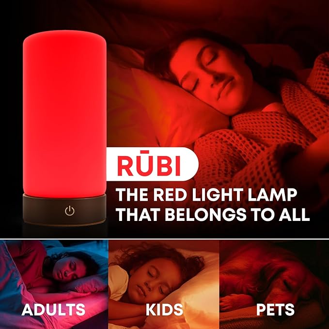 Rubi Red Light Therapy Lamp – 670nm Wavelength for Natural Sleep, Relaxation & Wellness | Adjustable Brightness for Bedroom Light | Elegant Glass & Wood Design | One-Touch Lamp Switch