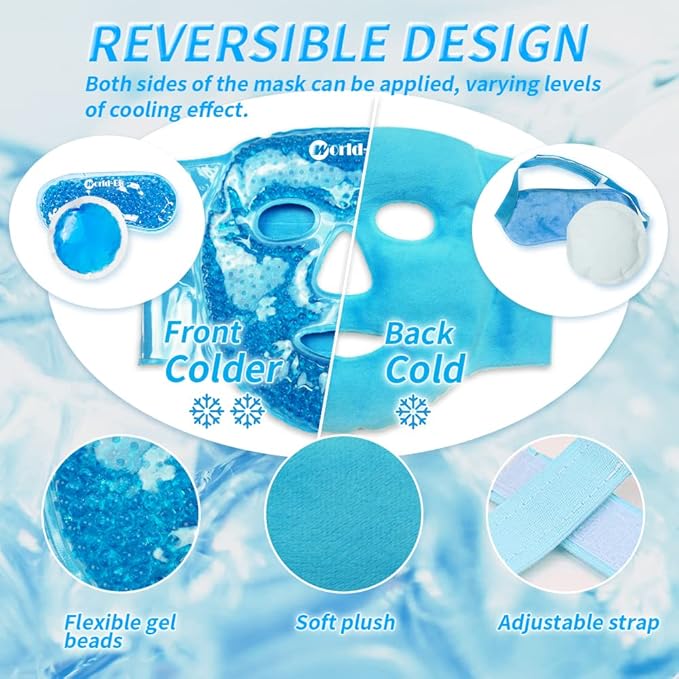WORLD-BIO Reusable Ice Face Mask & Cooling Eye Mask - Cold Therapy Gel Pack for Puffy Eyes, Dark Circles Relief, Headache & Migraine Soothing - 3 Pcs Set with Adjustable Strap & Freezable Gel
