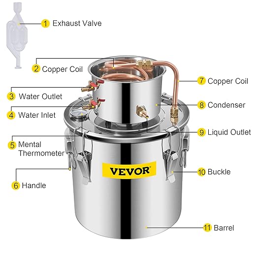 VEVOR Alcohol Still 5Gal/20L Alcohol Distiller Stainless Steel Distillery Kit for Alcohol with Copper Tube Home Brewing Kit Build-in Thermometer for DIY Whisky Wine Brandy