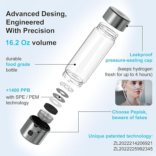 Hydrogen Water Generator Bottles, Hydrogenated Water Bottle with SPE PEM Technology, 460ml(16OZ) Hydrogen Water Bottle Generator for Home, Office, and Travel-Certified H2 Generator-Gift Box