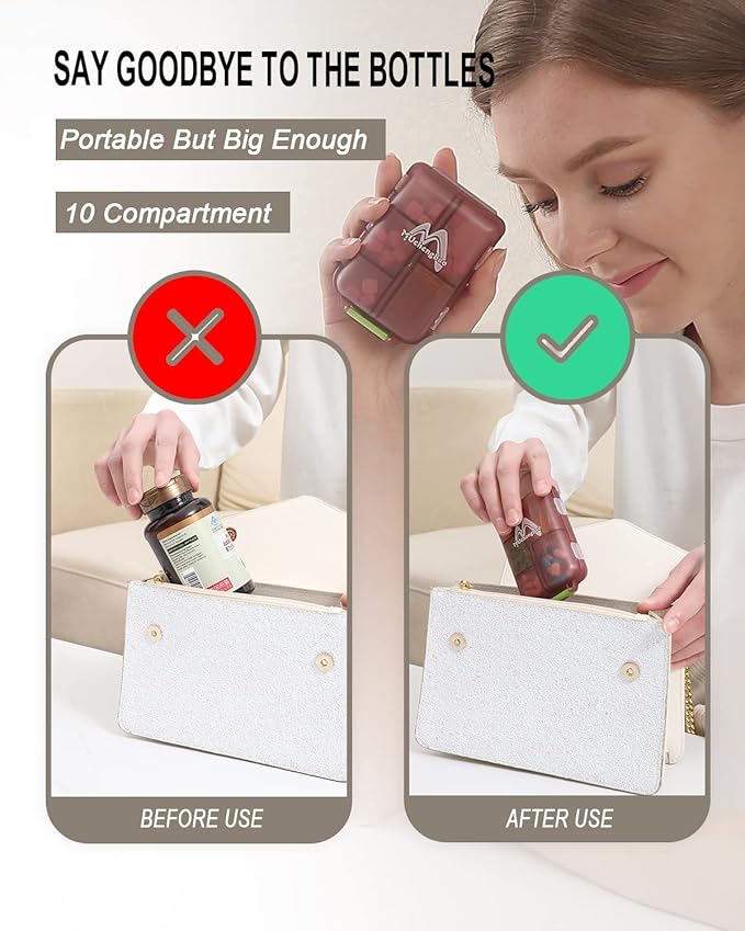 4PS Travel Pill Organizer with 164 Slice Labels，10 Compartments Travel Pill Box Portable Folding Small Pill Case Daily Pill Container Used for Carry Storage Medicine Organizer By M MUchengbao