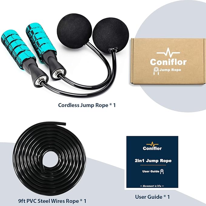 2 in 1 Jump Rope for Women Men and Kids - Tangle-Free Cordless Skipping Jump Rope with Ball Bearings and Foam Handles for Rapid Speed Fitness Workouts