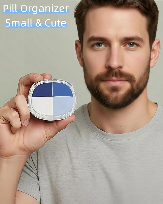 Portable Pill Organizer, Small Pill Case with Pocket 4 Compartments, Travel Pill Box, Pill Container to Hold Vitamin, Fish Oil, Supplement or Jewelry (Blue, 4 Case)