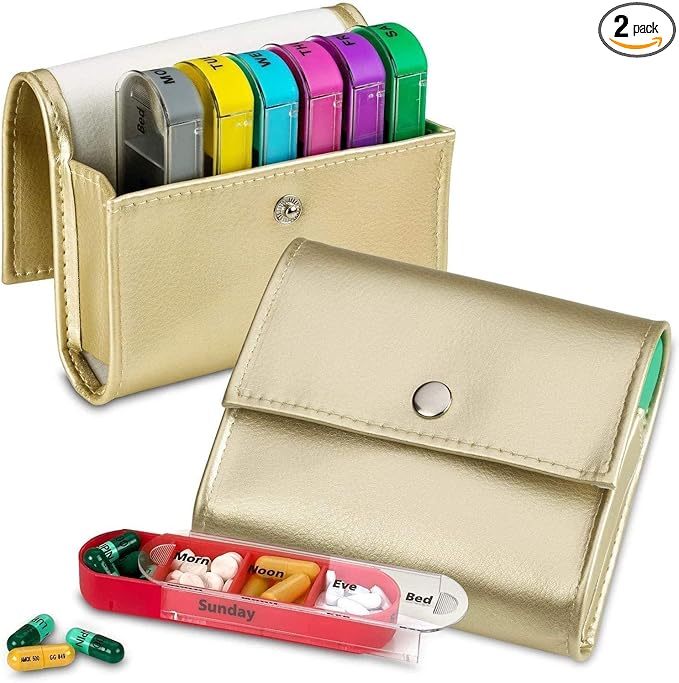 Weekly Travel Pill Organizer - (Set of 2) Medication Wallet Pill Box Reminders, Pill Container Dispenser Case, Vitamin Caddy Organizer, for 4 Times A Day, 7 Days a Week