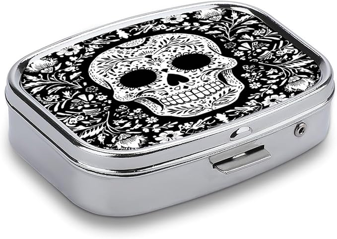 Metal Pill Organizer – 2-Compartment Pocket Pill Box for Vitamins, Supplements, Medications – Compact Travel Case (Day of The Dead Sugar Skull)