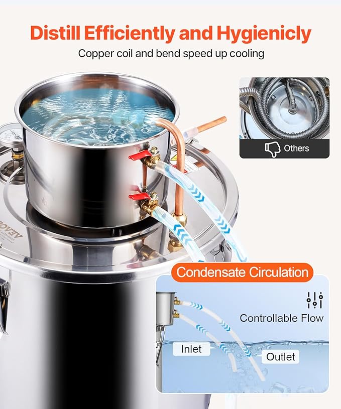 VEVOR Alcohol Still, 8 Gal / 30 L Stainless Steel Water Alcohol Distiller with Copper Coil, Home Brewing Refining Fermentation Kit with Thermometer, for Wine Whisky Brandy, Silver
