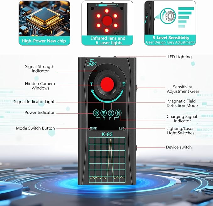 Hidden Spy Camera Detector, 2025 Upgraded GPS Tracker Detector, RF Signal & Bug Sweeper Detector, Smart Anti-Spy Device for Travel, Hotel, Bathroom & Car Security