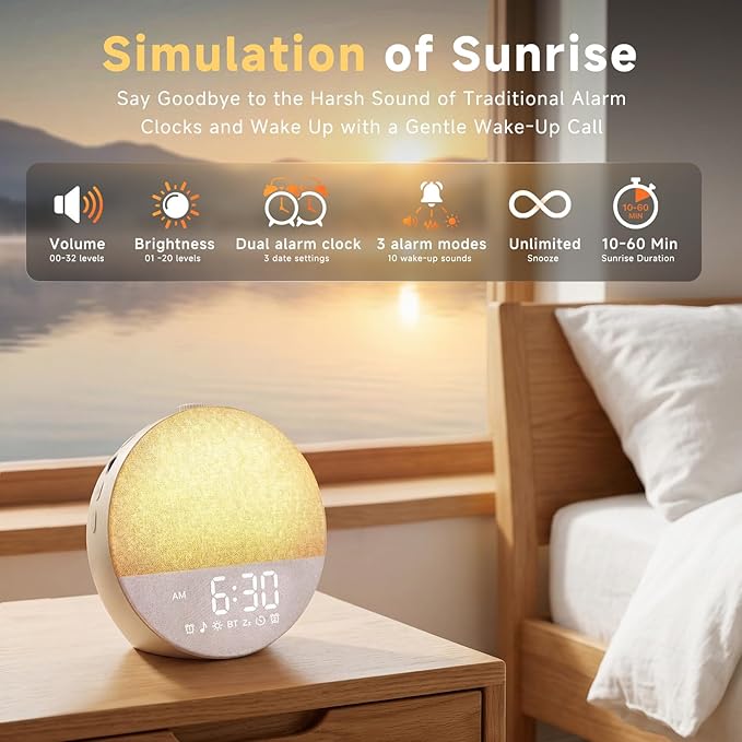 Sunrise Alarm Clock White Noise Machine | Natural Wake-Up Light for Bedroom with 30 Soothing Sleep Aids, Bluetooth Speaker, Dimmable Clock, Screen-Free Design for Baby Adults Kids-Khaki