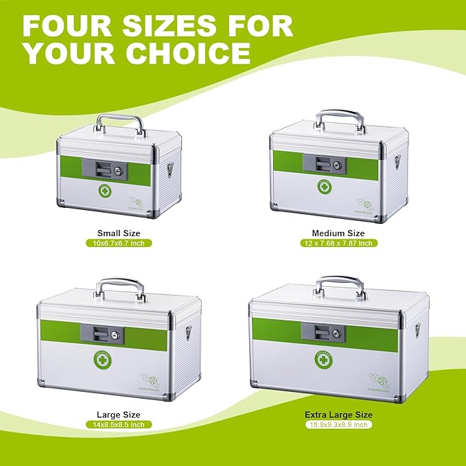 Medicine box with lock 12 x7.6x 7.8 inches [Medium], Medication Lock box ，First Aid Key Safe Box with Lock, Medical Box Organizer