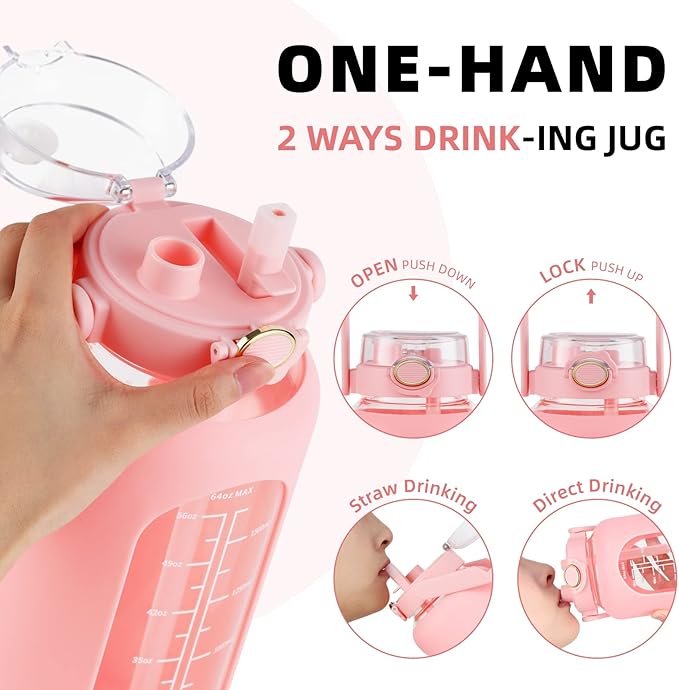 Glass Water Bottle with Straw and Handle Lid Half Gallon Motivational Glass Bottle with Silicone Sleeve and Time Marker Large Reusable Sports Water Jug for Gym Home Workout