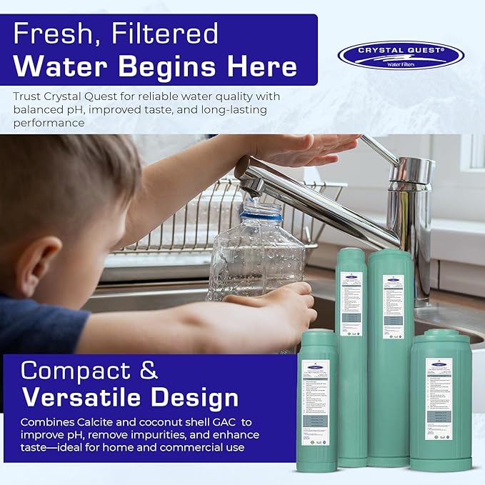 Crystal Quest Calcite & Coconut Shell GAC Water Filter Cartridge – pH Balancing, Dual-Stage Filtration, Removes Impurities, Enhances Taste 4-5/8” x 9-3/4”