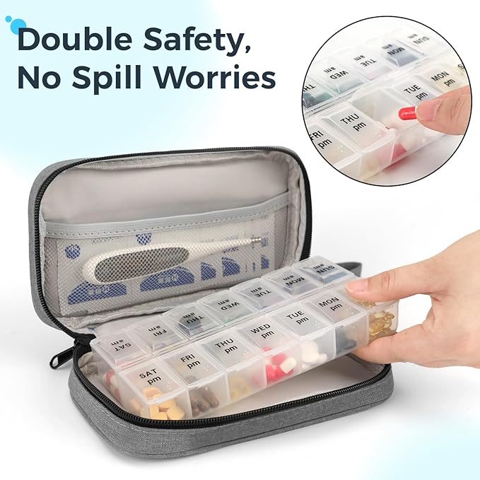 Weekly Pill Organizer 2 Times a Day, Travel Pill Box 7 Day with Large Opening, Pill Case with Handle, Pill Dispenser Medicine Organizer for Vitamins, Fish Oils, Medications, Supplements (Grey, Large)