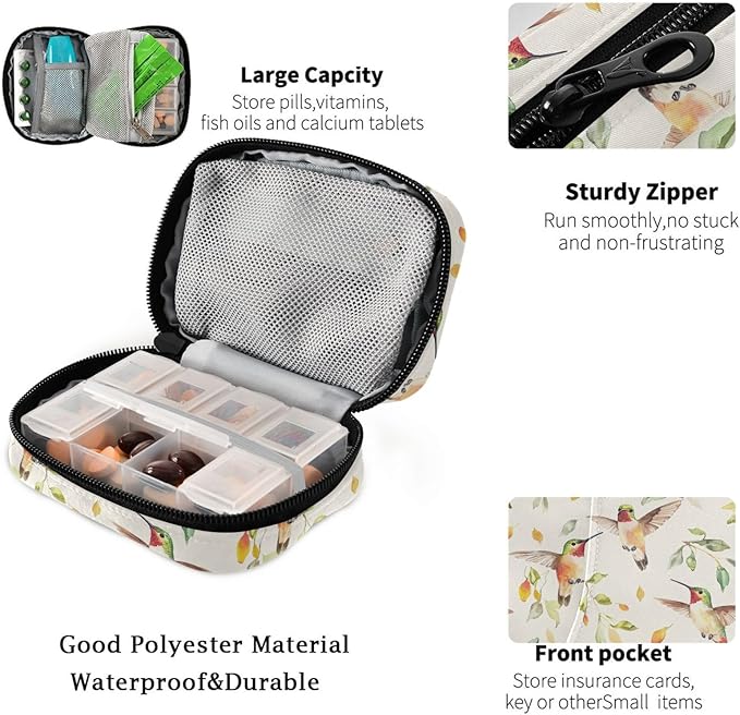 Fustylead Beautiful Hummingbirds and Leaves Pill Organizer for Purse, Weekly Portable Pill Box with Zipper to Storage Vitamins Fish Oils Medications Supplements
