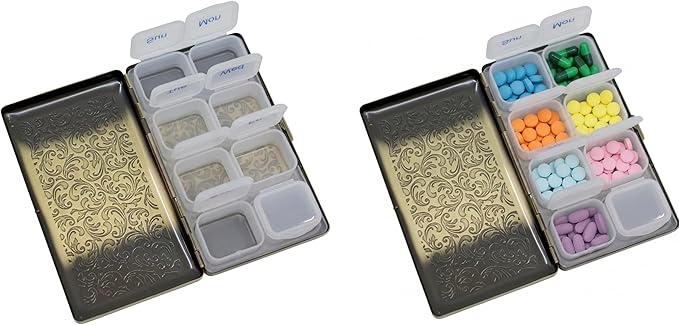 Set of 2 Metal-Plated Weekly (7-Day) Pill Box Case & Portable Medicine Organizer (Large Antique Brass Victorian)