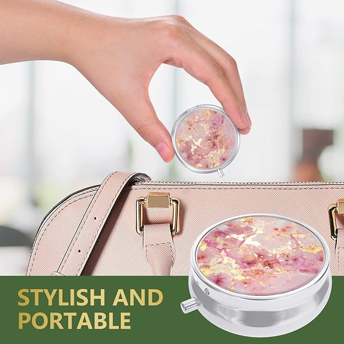 Nipichsha Pill Box, Small Pill Case for Purse & Pocket, Cute Travel Medicine Organizer, Portable Medicine Container Holder to Hold Vitamins, Medication, Fish Oil & Supplement, Gold Pink Marble