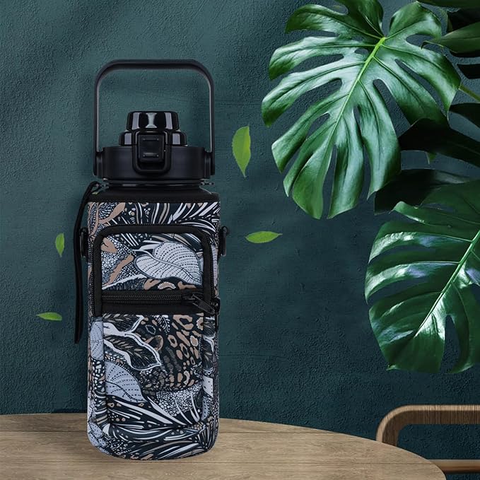 Leopards print Half Gallon Water Bottle with Sleeve - BPA Free Tropical Leaves Water Bottle 64 OZ - with Time Marker Leakproof Water Jug - Motivational Workout Water Bottle for Office Gym Outdoor Hiking Travel