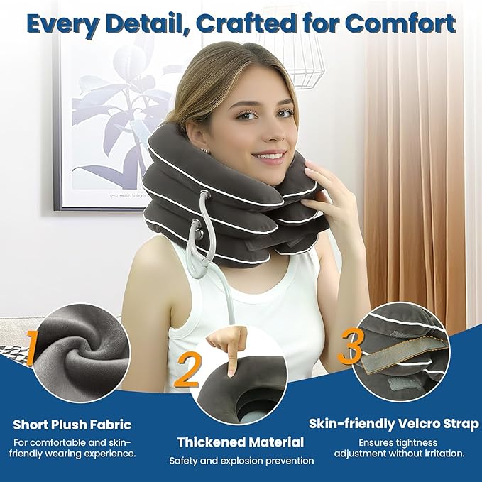 Cervical Neck Traction Device for Home Use Pain Relief,Neck Stretcher,Inflatable Support Neck Brace Adjustable,Neck Stress Relief&Relaxation Metal Valve TPU Liner with Air-Tightness(Dark Gray)