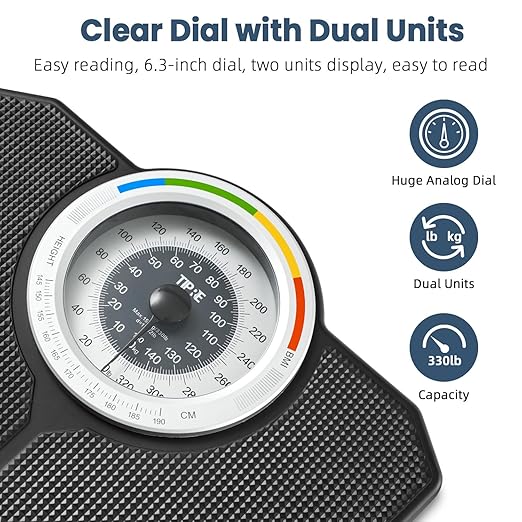 Analog Scale for Body Weight, Mechanical Bathroom Scale, Analog Scale for Body Weight, 150kg/330lb, Dial Scale with Wider and Thicker Anti-Slip Platform, Simple Calibration, No Required Battery