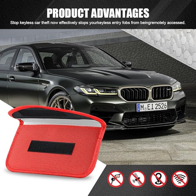 2PCS Faraday Bags for Car Key and Cell Phone, Signal Blocking Bag, Faraday Key Fob Protector, Universal Cell Phone Privacy Card Protection Car Accessories for Anti-Thefting (Red)
