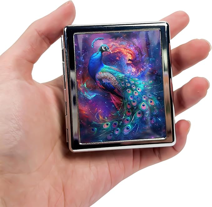 Cute Travel Pill Box Organizer with 8 Compartments - Compact and Fashionable Pill Case with Mirror - Ideal for Medications (Cosmic Peacock)