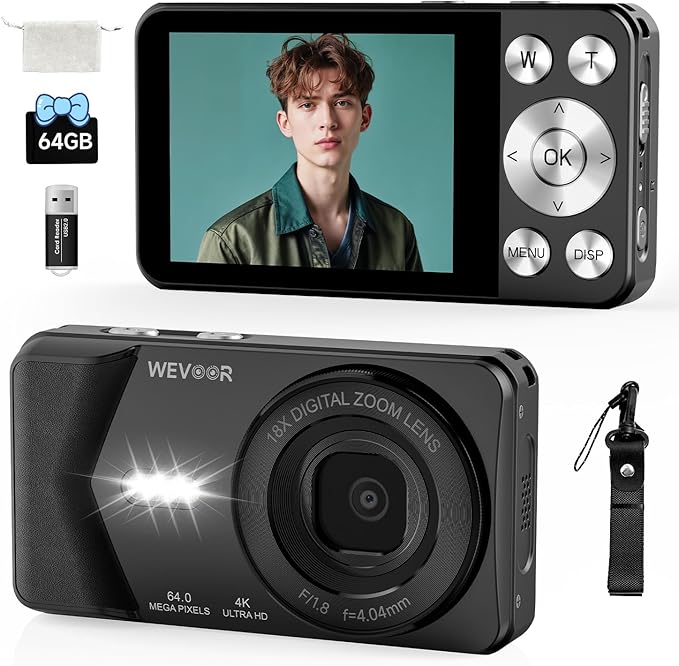 4K Digital Camera, Wevoor 64MP Point and Shoot Digital Camera with Autofocus, 18X Zoom, 20 Filters, 64GB SD Card, 2000 mAh battery, 2.8" Screen Compact Vlogging Camera for Beginners Teens Adult(Black)