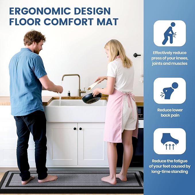KitchenClouds [2 PCS] Kitchen Rugs Cushioned Anti-Fatigue Kitchen Mats for Floor Waterproof Kitchen Rug Set Non-Slip Comfort Standing Mat for Office, Sink, Laundry 20"×30"+20"×60",Black