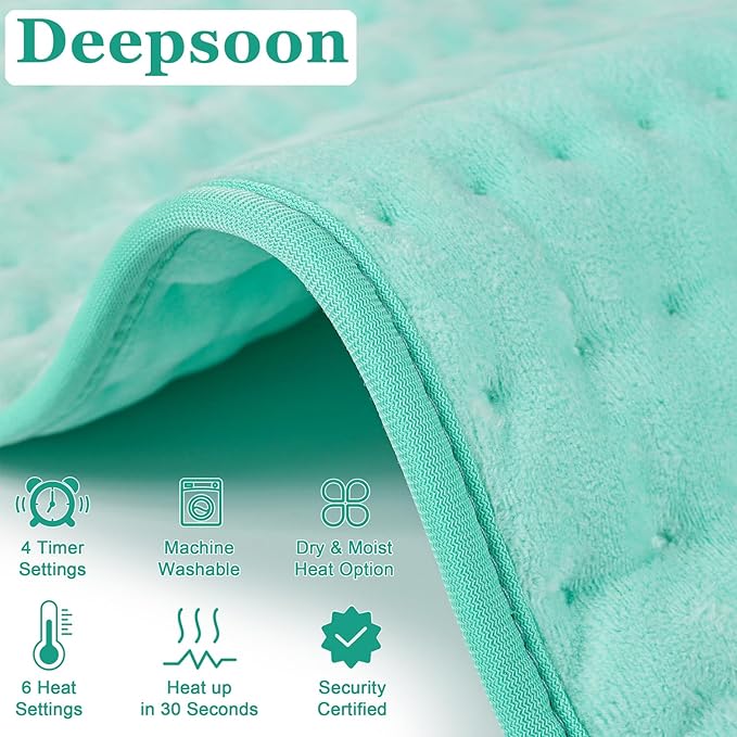 Deepsoon Heating Pad,Electric Heating Pads for Back,Neck,Abdomen,Moist Heating Pad for Shoulder,Knee,Arms,Legs,Dry/Moist Heat & Auto Shut Off,Christmas Gifts for Men and Women,Light Green,33x17 Inch