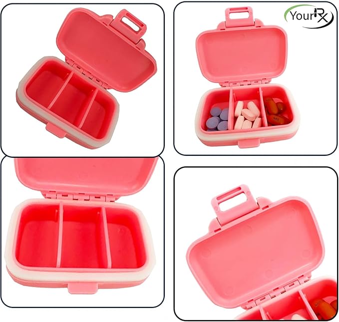 Travel Pill Organizer - Durable, Watertight Pill Case Travel Size with 3 Compartments - Compact Pill Travel Case for Vitamins, Supplements, Medicine - Travel Pill Container for Purse (Pink)
