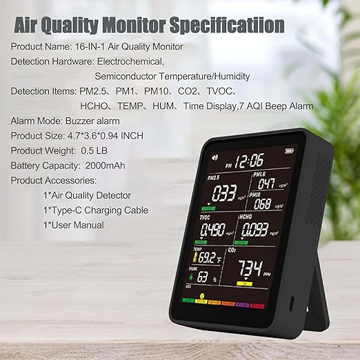 Professional Indoor Air Quality Monitor with AQI Alerts, Portable Real-Time Detector for Home, Car, Plants & Pet