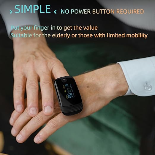 Fingertip Pulse Oximeter with Respiration Rate & Respiratory Monitoring SpO2, Heart Rate, PI & RR Measurements, Blood oximeter Rechargeable 6 Display Modes & 4-Way Rotatable Screen for Home & Sports Use（Black）