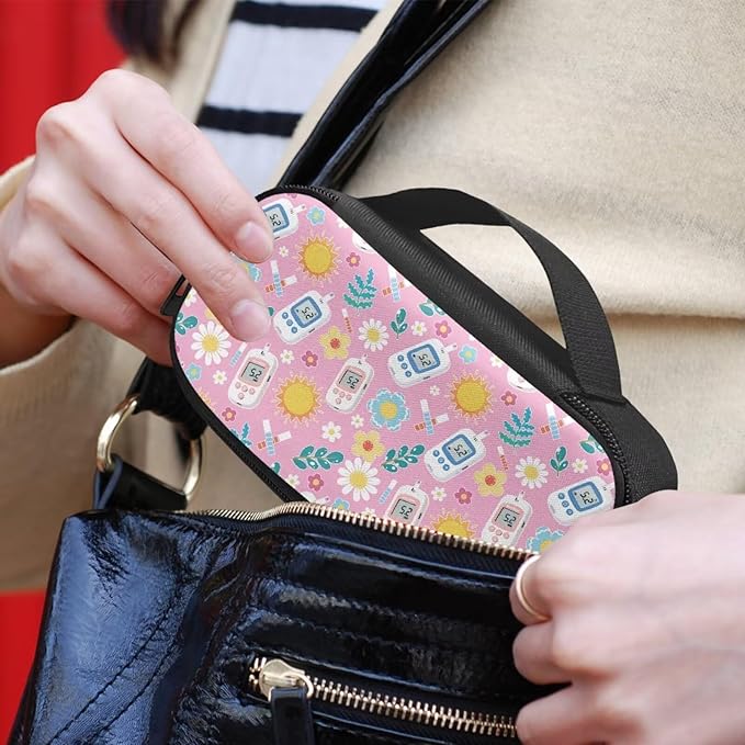 Rnyleeg Pink Diabetic Bags for Supplies Cute Sun Flowers Insulin Bag for Women Small Diabetic Supplies Storage for Home Medicine Carrying Case Glucose Meter Cases