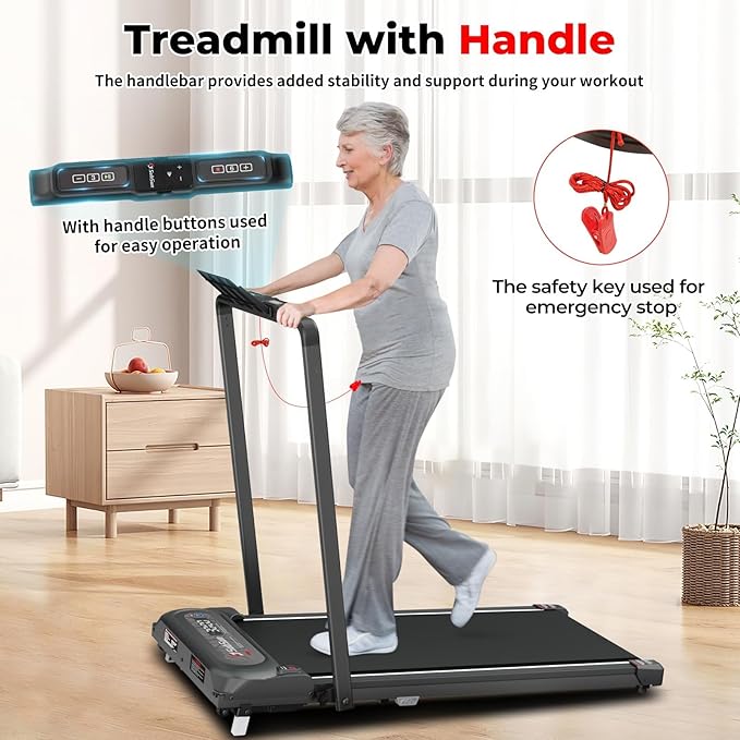 SubSun 2 in 1 Folding Treadmill, Walking Pad with Handle Bar, Under Desk Treadmill with 265 Lbs Capacity for Office, Remote Control